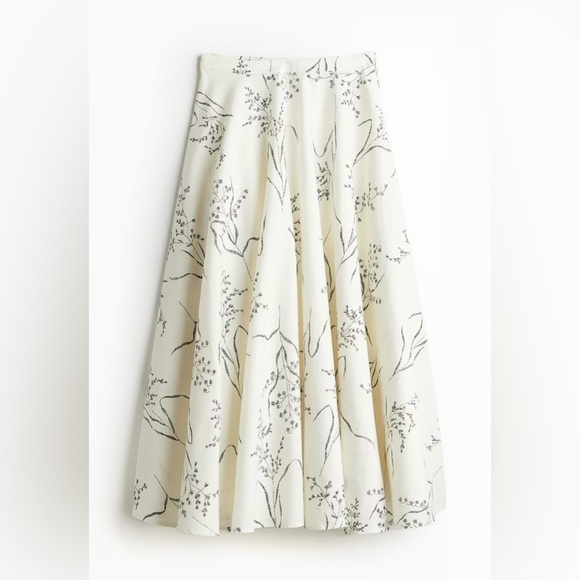 H & M linen blend black and white floral midi circular skirt - Picture 8 of 11